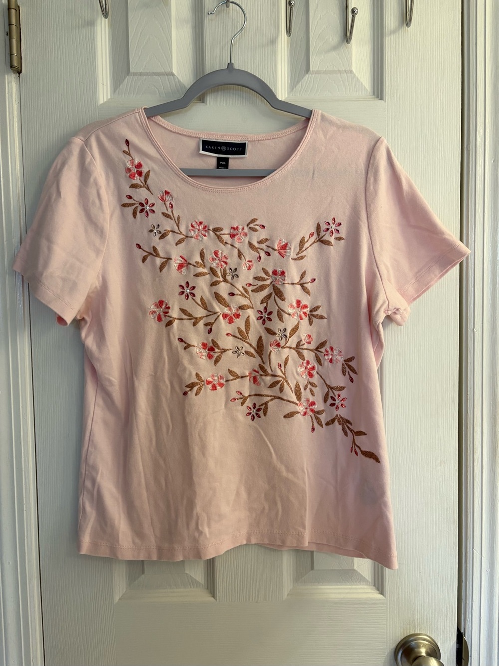 Vintage Karen Scott Pink Floral Embellished T-Shirt 100% Cotton PXL Short Sleeve